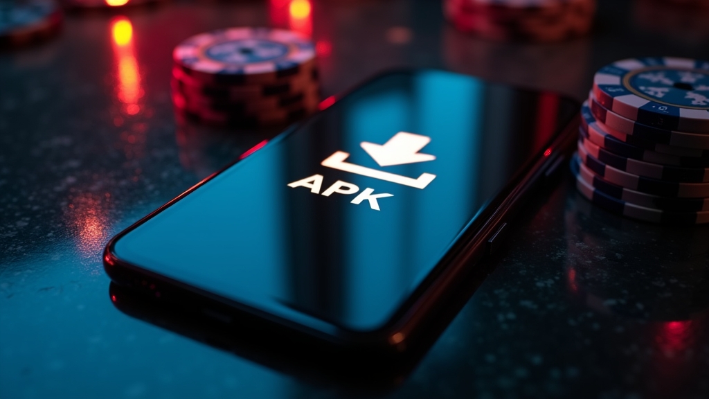 Teléfono Android con pantalla de descarga APK en un ambiente de casino oscuro