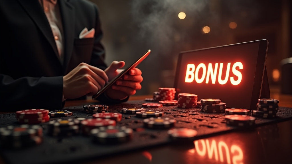 Código de bono sobre fichas y tragamonedas en un casino oscuro