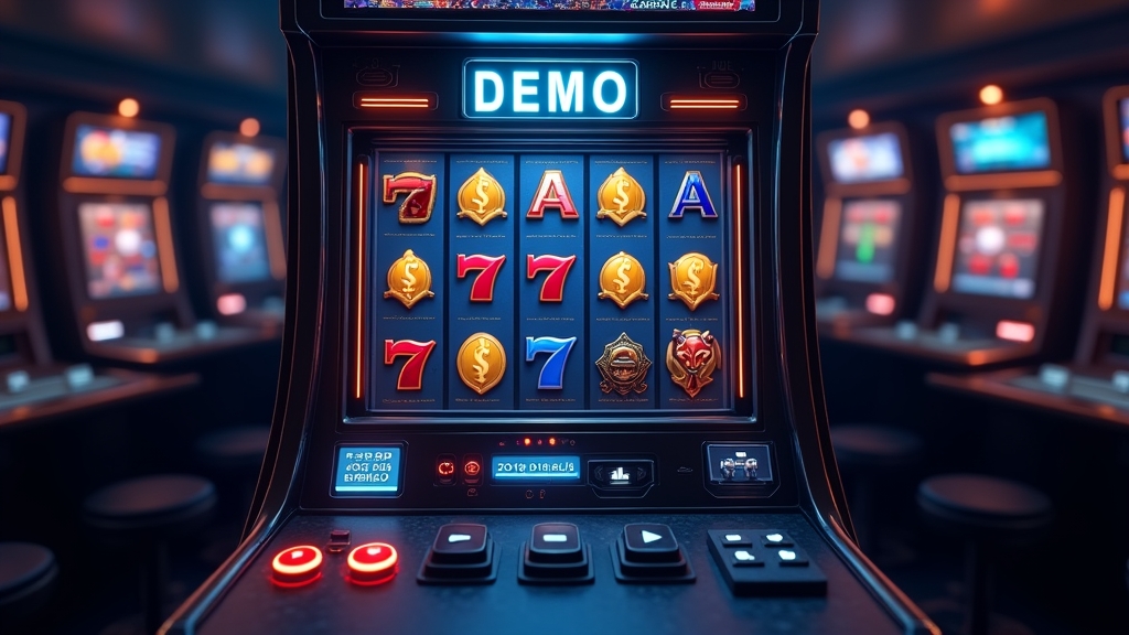 Pantalla de demo con tragamonedas y juego crash en un casino oscuro