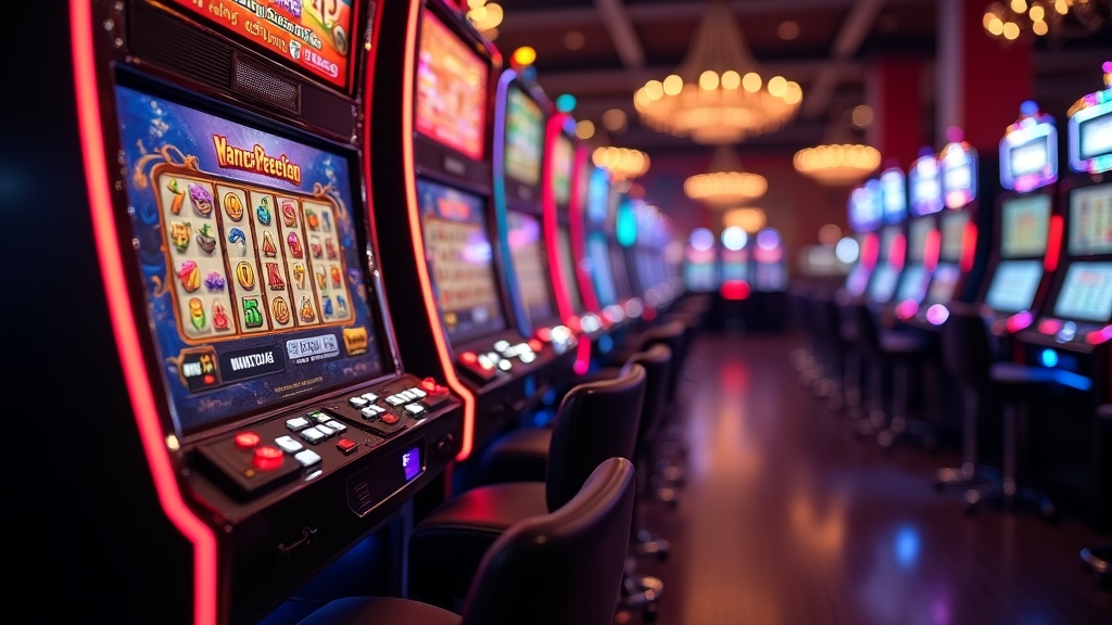 Selección de tragamonedas en demo con luces neón en un casino oscuro